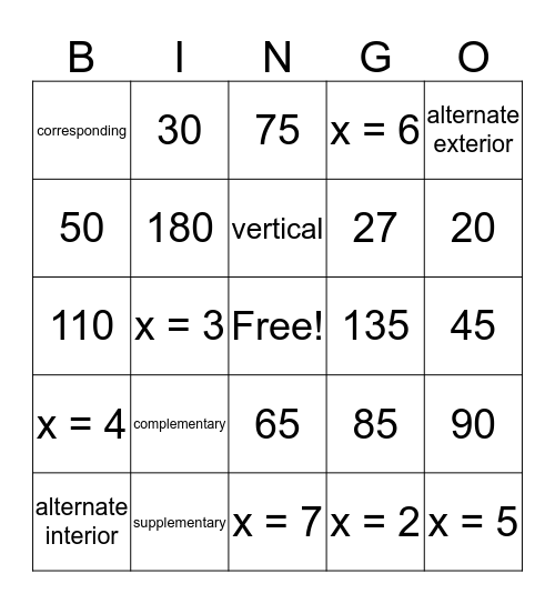 Special Angles Bingo 2 Bingo Card