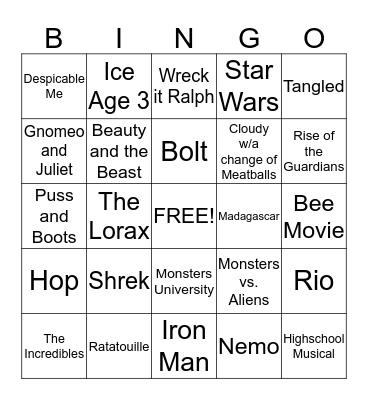 Allison's Movie Birthday Bingo Card