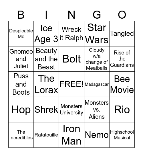 Allison's Movie Birthday Bingo Card