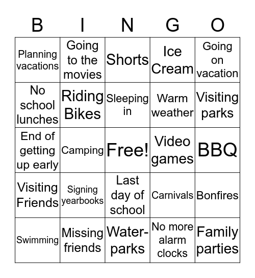 End of the Year:) and Summertime:) Bingo Card