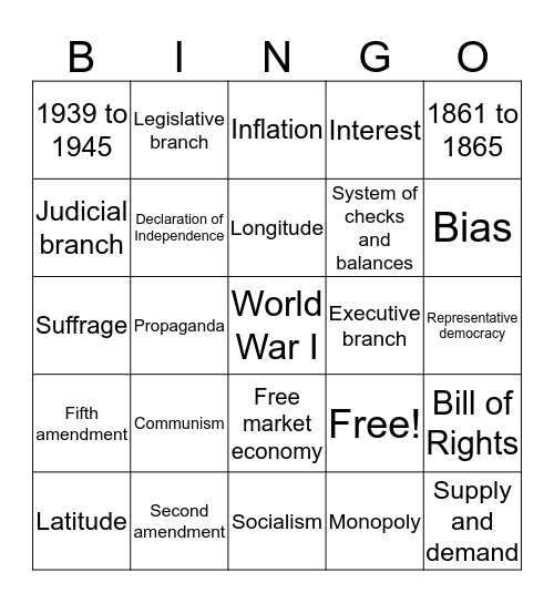 SOCIAL STUDIES GAME 1 Bingo Card