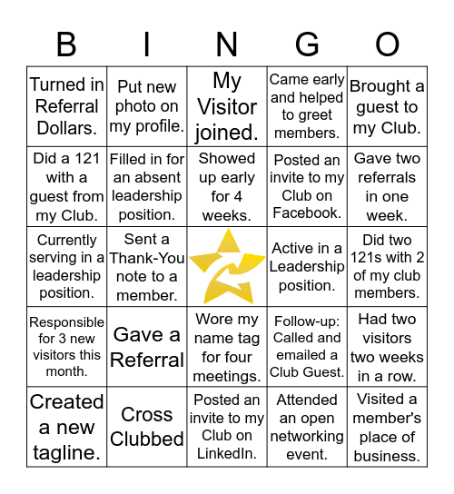 GOLD STAR REFERRAL CLUBS Bingo Card