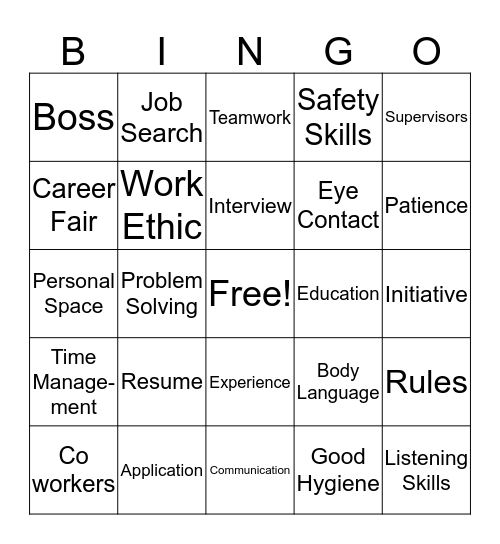 Job Skills Bingo Card