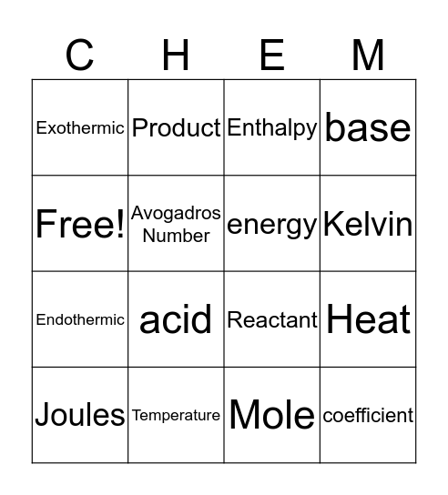 ChemGo Bingo Card