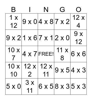 Multiplication Bingo Card