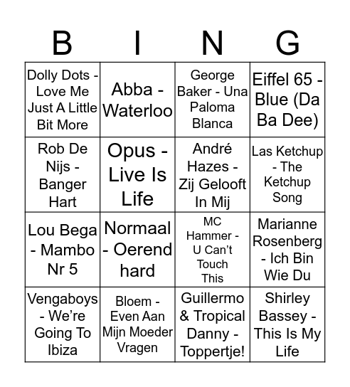 Familie Lorkeers Foute Muziek Bingo Card