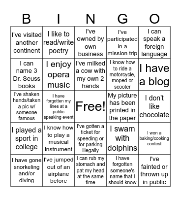 Life Experiences  Bingo Card