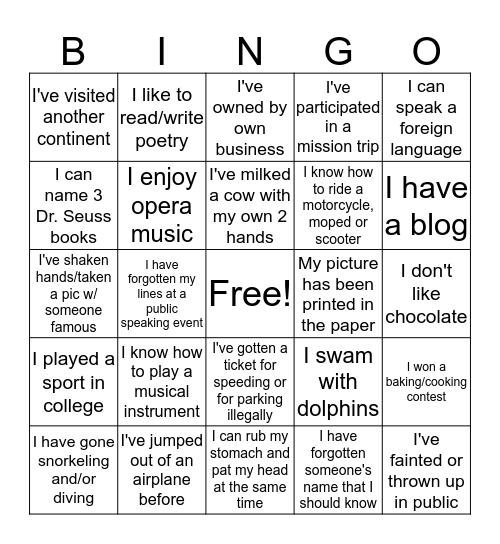 Life Experiences  Bingo Card