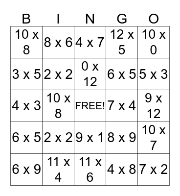 Multiplication Bingo Card