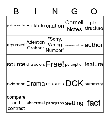English BINGO Card