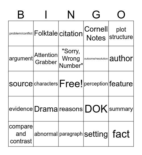 English BINGO Card