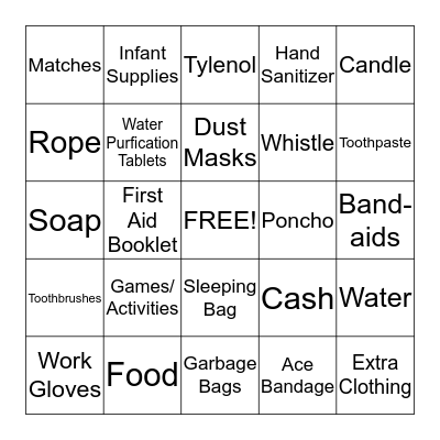 72 Hour Kit Bingo Card