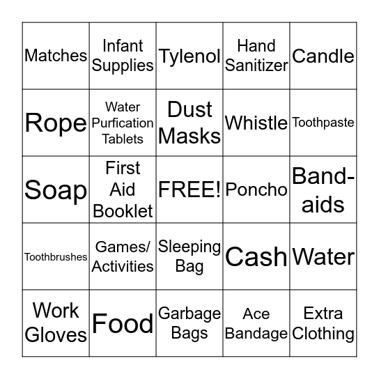 72 Hour Kit Bingo Card