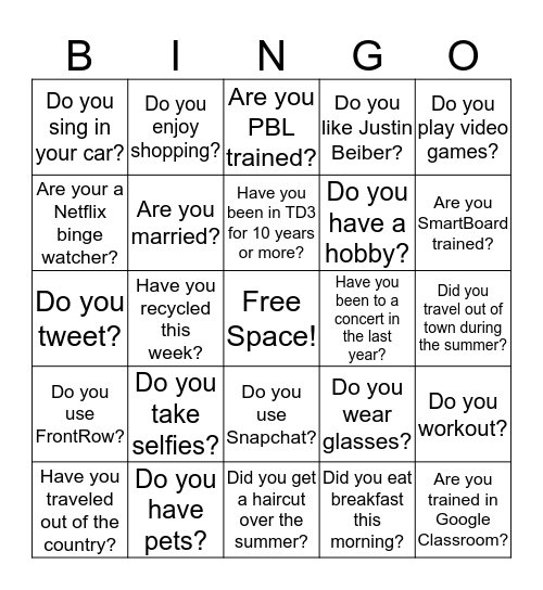 Getting to Know You Bingo Card