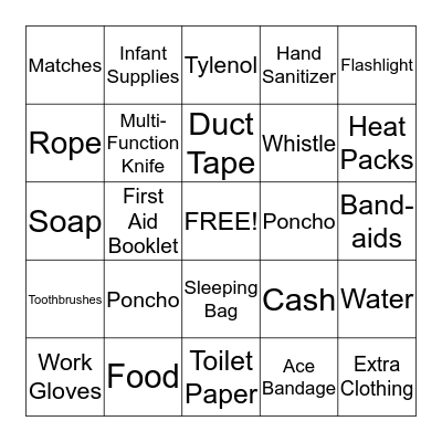 72 Hour Kit Bingo Card