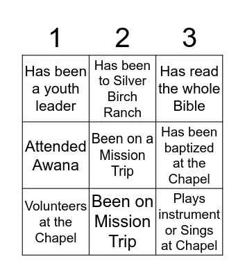 Chapel Bingo Card