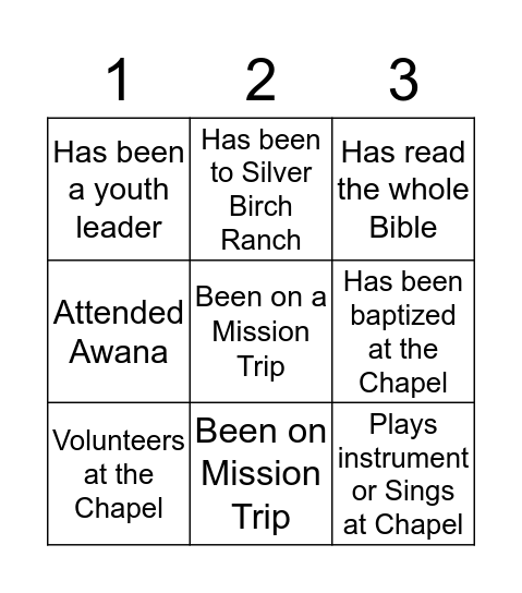 Chapel Bingo Card