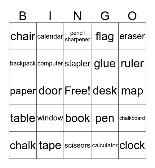 School Bingo Card