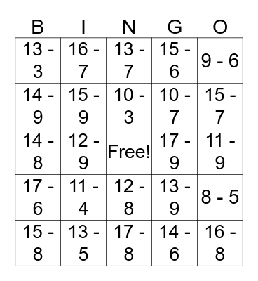 Subtraction Facts to 20 Bingo Card