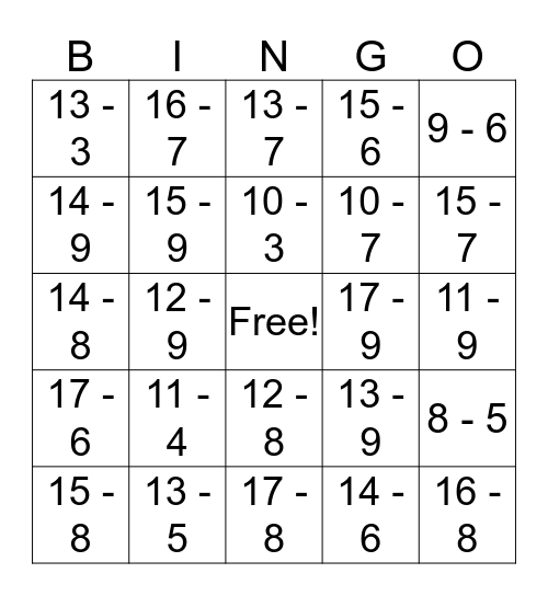 Subtraction Facts to 20 Bingo Card