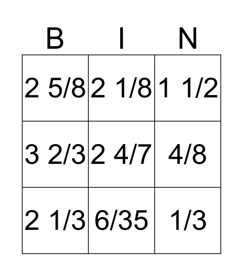 Fraction Operations Bingo Card