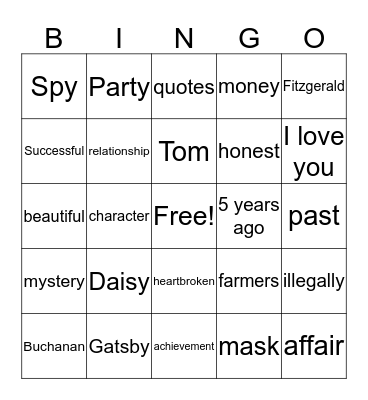 The Great Gatsby Bingo Card