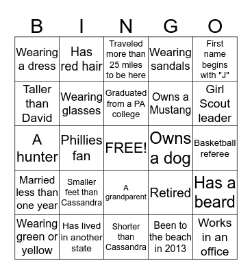 Find someone for each box and have them sign.  No duplicate signatures. Bingo Card