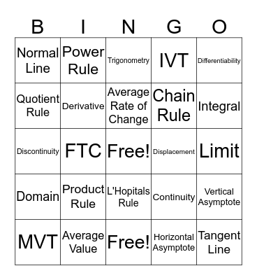 calculus bingo  Bingo Card