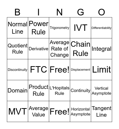 calculus bingo  Bingo Card