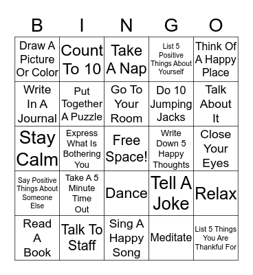 Coping Skills Bingo Card