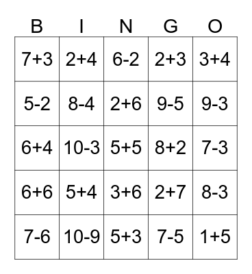 addition and subtraction bingo Card