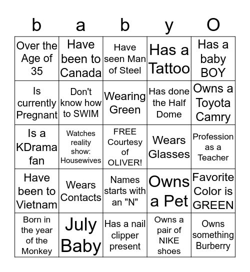 "My Water Broke!" Bingo Card