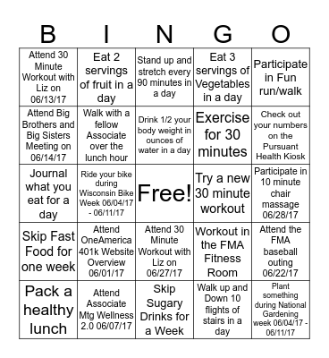 June 2017 FMA Summer Wellness Program Bingo Card