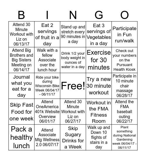 June 2017 FMA Summer Wellness Program Bingo Card