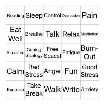 Stress Management Bingo Card