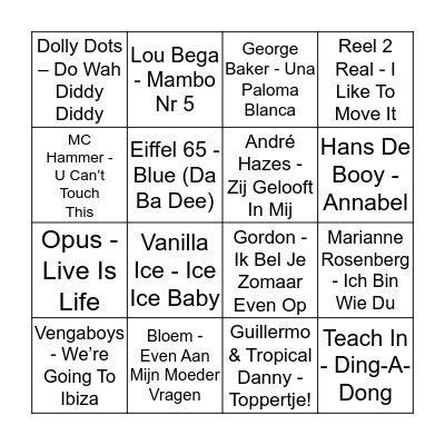 Familie Lorkeers Foute Muziek Bingo Card