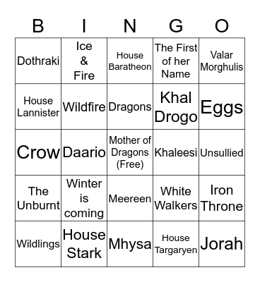 Game of Thrones Bingo Card