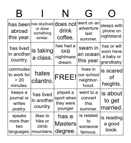 Find Someone Who... Ask where, when, how, why... Bingo Card