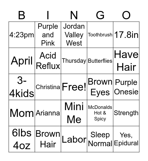 BABY! Bingo Card