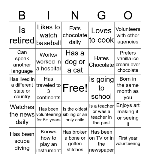 Volunteer BINGO  Bingo Card