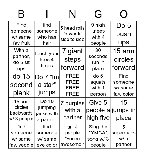 YMCA BINGO Card