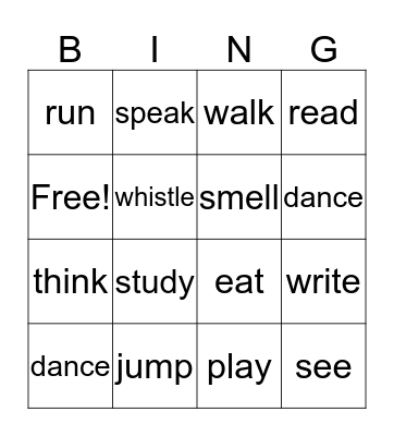 action verbs  Bingo Card