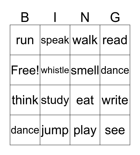 action verbs  Bingo Card