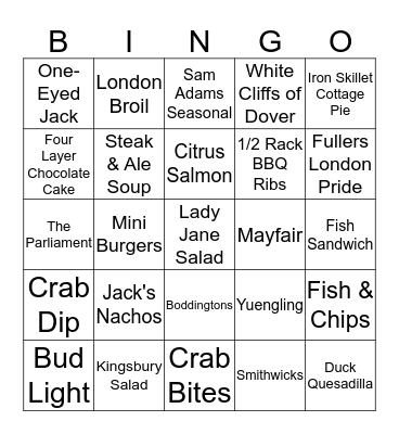 Union Jack's  Bingo Card