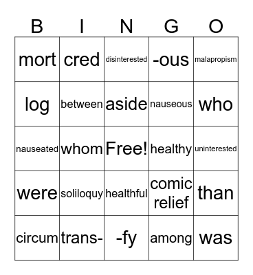 English 9PB Review Bingo Card
