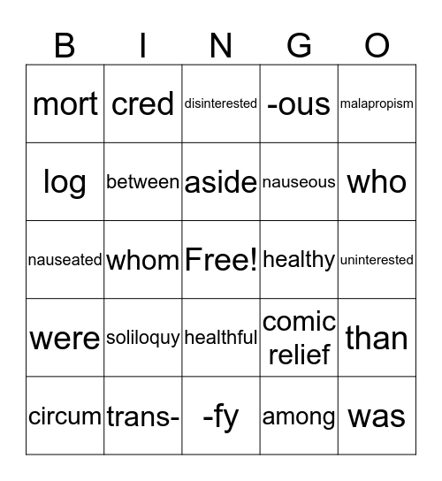 English 9PB Review Bingo Card