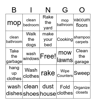 Things to do around the house Bingo Card
