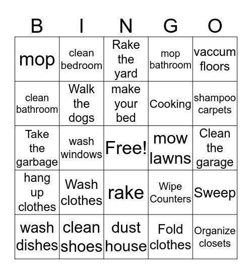 Things to do around the house Bingo Card