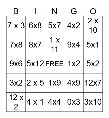 Multiplication Bingo Card