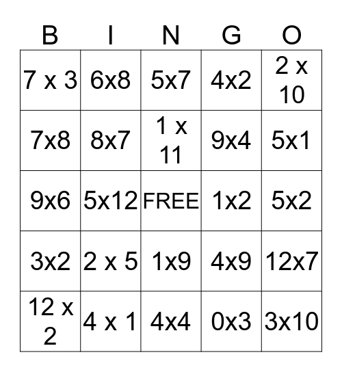 Multiplication Bingo Card